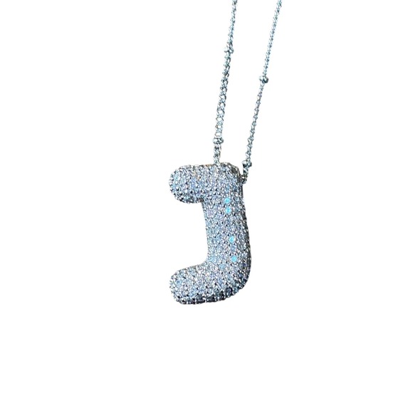 Sparkling Paved Letter J Bubble Pendant Necklace Silver Tone Chain New - Picture 5 of 8